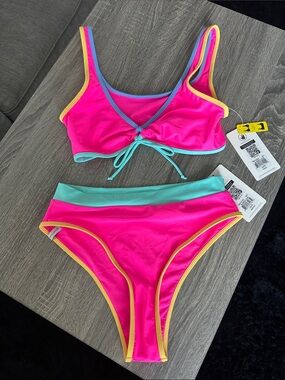 NWT Body Glove Neon Pink Bikini Set with Teal and Yellow Trim